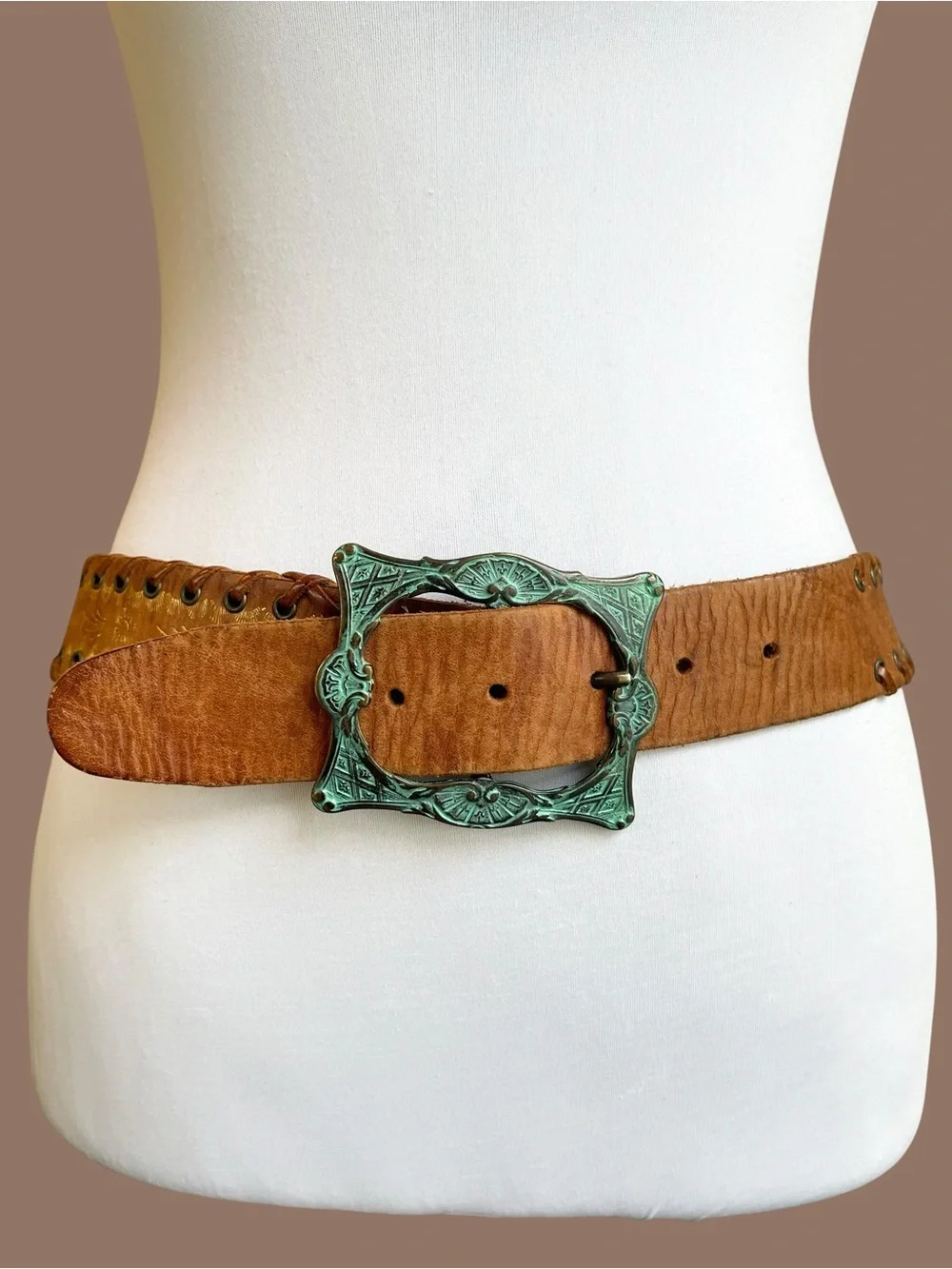 Streets Ahead Cognac Leather Belt Square Patina Buckle Boho Vintage 90s Size M/L